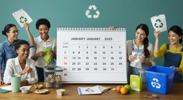 Participants engaging in the January 2025 Plastic-Free Challenge, sorting waste with a 20% reduction target.