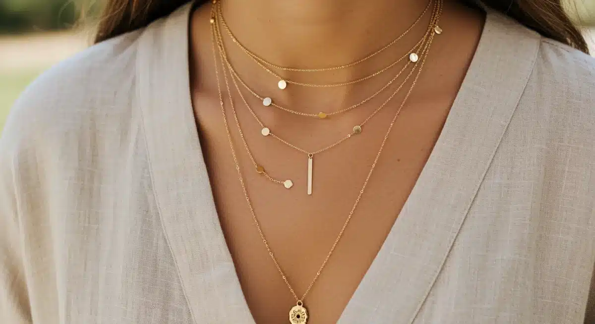 Model wearing layered gold chain necklaces for summer