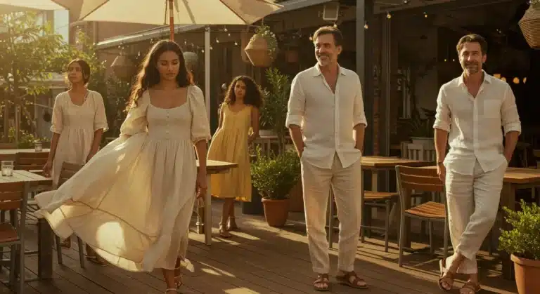 Stylish individuals in flowing linen outfits enjoying a sunny summer day