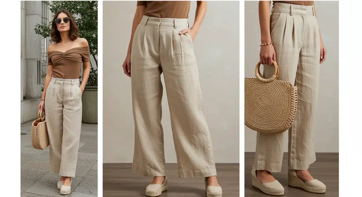 Stylish wide-leg linen trousers with off-shoulder top