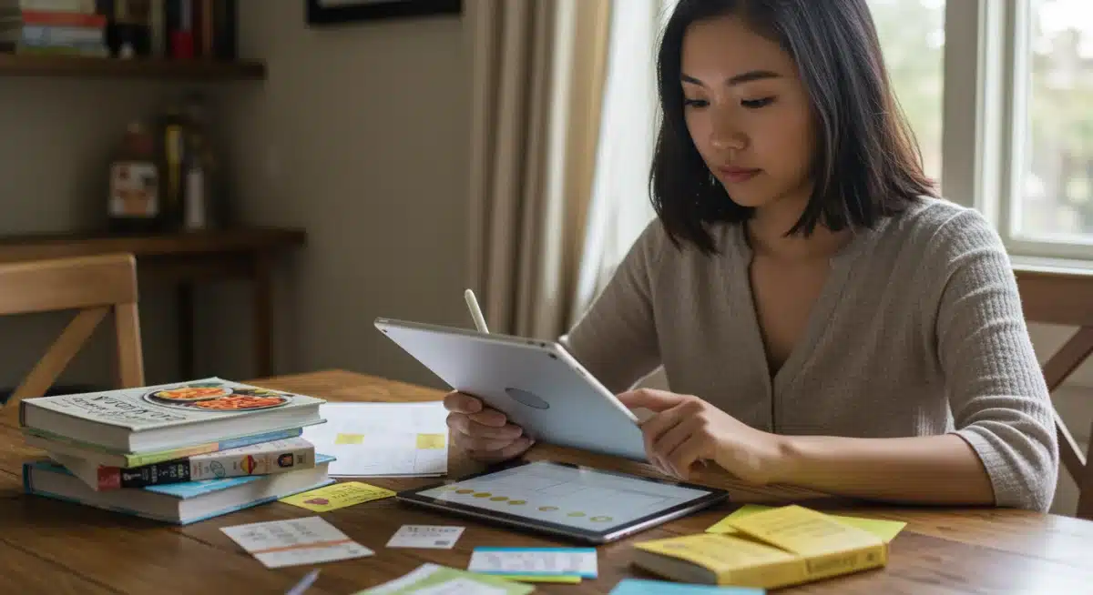 Person planning meals with tablet and notebook, focusing on grocery efficiency.