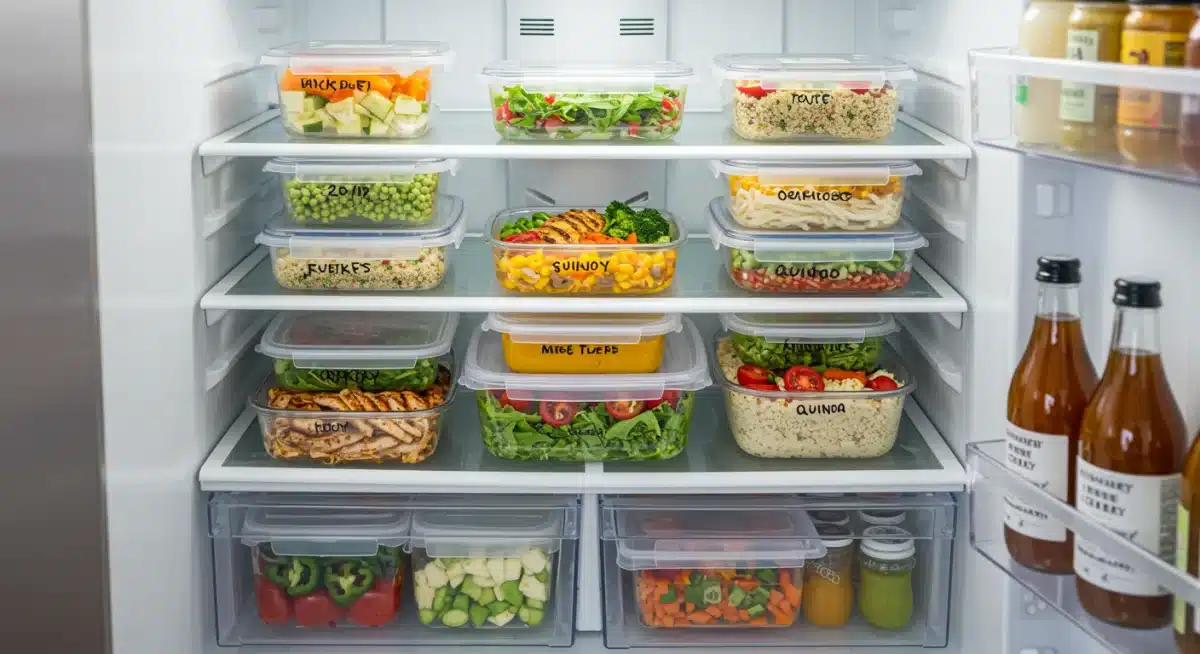 Meal prep containers with healthy, affordable food in a refrigerator.