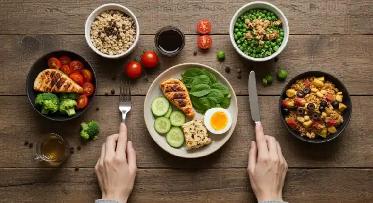 Balanced healthy meal with hands ready to eat mindfully