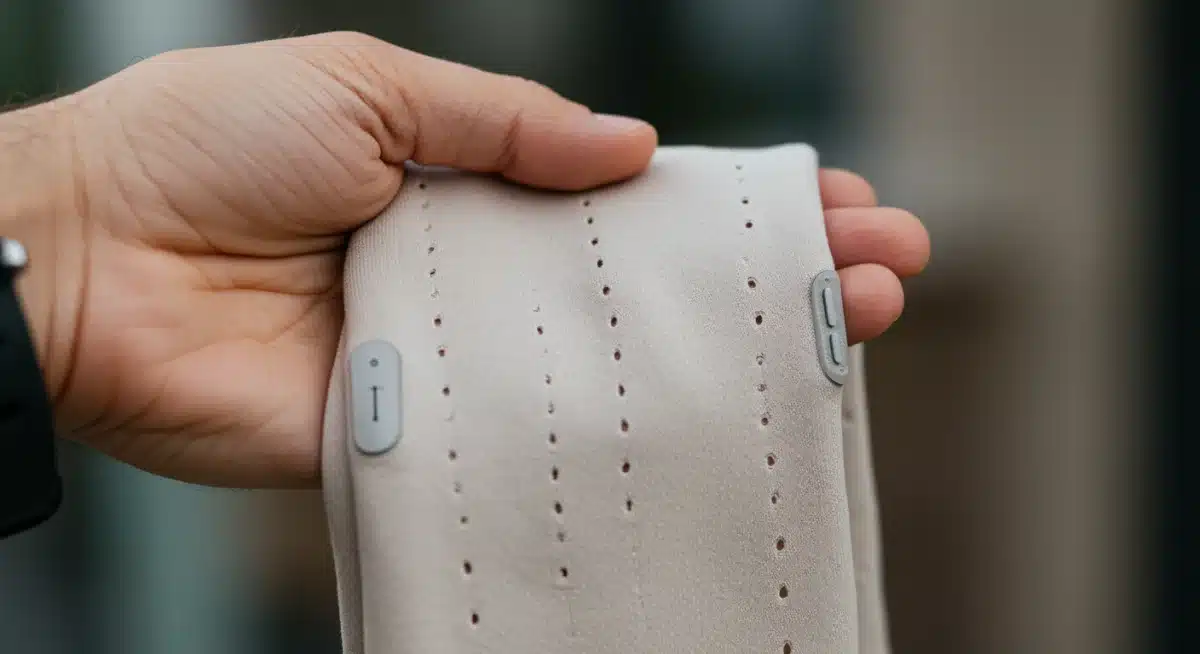 Close-up of a minimalist smart scarf with integrated technology, a key 2025 summer accessory trend