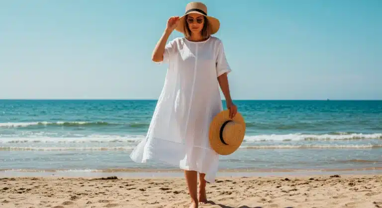 Woman in white linen dress on beach, representing minimalist summer fashion