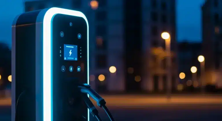 Modern EV charging station illuminating urban environment at dusk