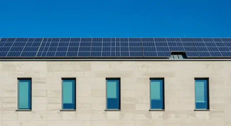 Modern building with integrated solar panels and sustainable facade materials