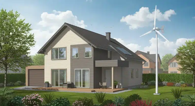 Modern home with vertical axis residential wind turbine