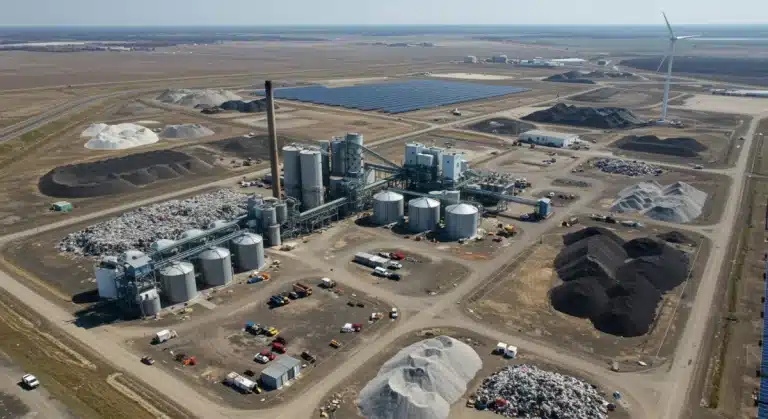 Modern waste-to-energy facility transforming US landfill, showcasing advanced infrastructure and clean energy generation