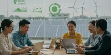 Small business owners discussing net-zero strategies with green technology solutions for 2025 targets, showing collaboration and innovation.