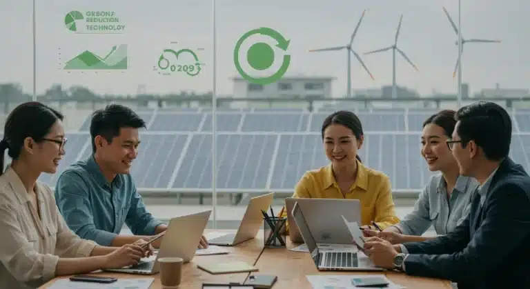 Small business owners discussing net-zero strategies with green technology solutions for 2025 targets, showing collaboration and innovation.