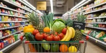 Grocery cart with organic and conventional produce, symbolizing consumer choice and healthy eating decisions.