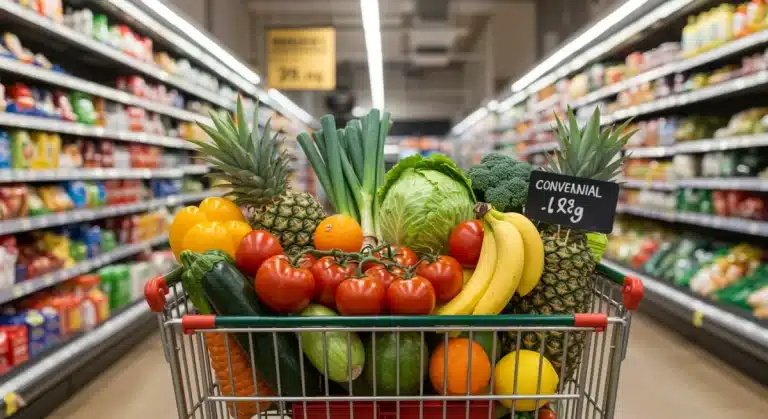 Grocery cart with organic and conventional produce, symbolizing consumer choice and healthy eating decisions.