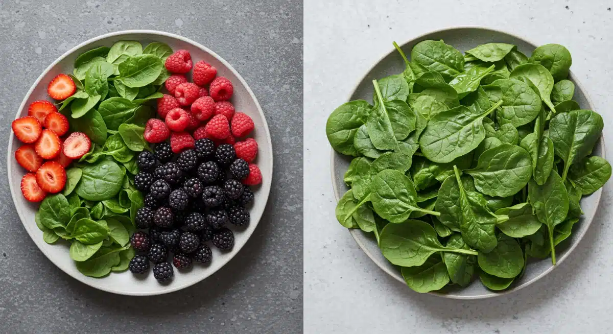 Side-by-side comparison of organic and conventional produce on plates, illustrating visual parity.