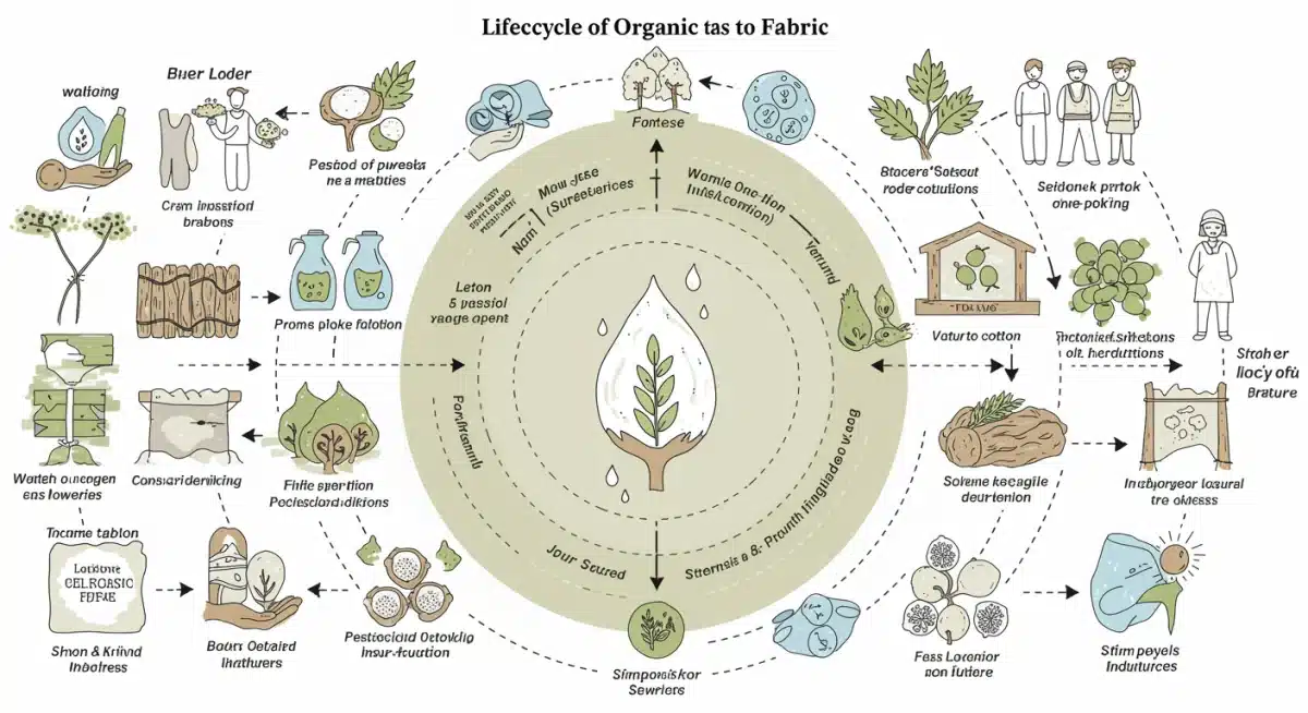 Infographic detailing the sustainable lifecycle of organic cotton, emphasizing environmental benefits and ethical production.
