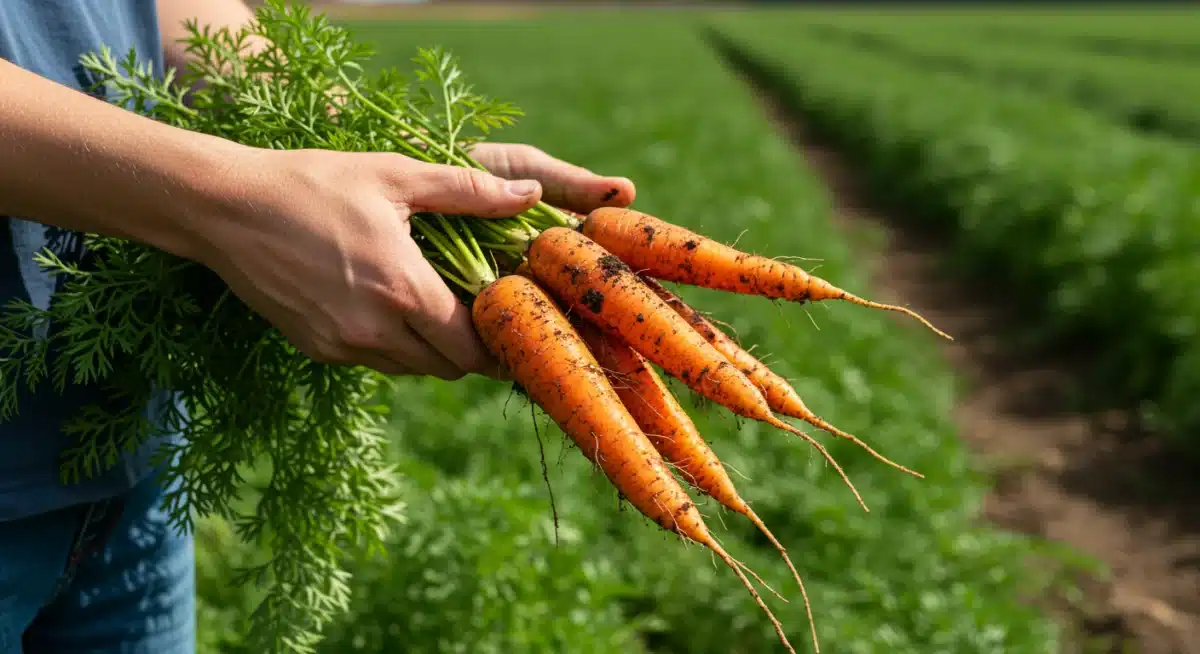 Farmer's hands holding organic carrots, representing sustainable agriculture and fresh produce.