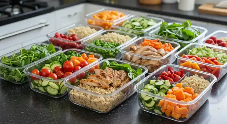 Organized meal prep containers with healthy food on a kitchen counter