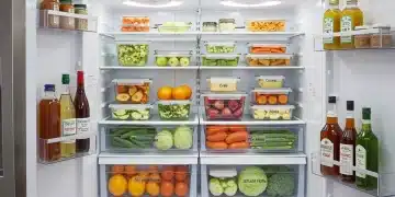 Organized refrigerator with fresh produce and leftovers, preventing food waste.