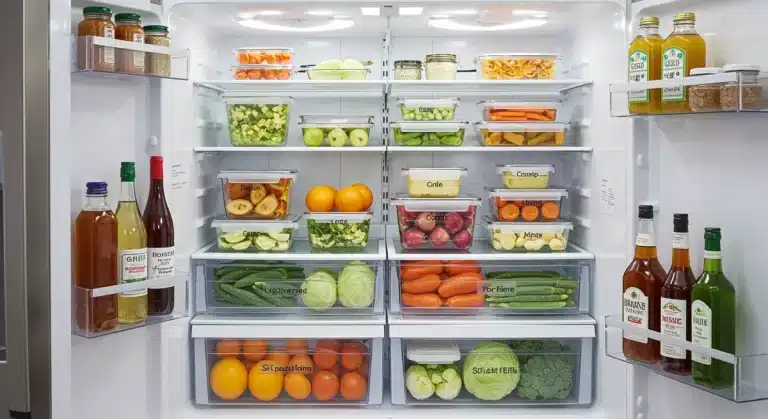 Organized refrigerator with fresh produce and leftovers, preventing food waste.