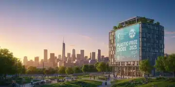 Skyline of a leading US city proudly displaying a 'Plastic-Free 2025' banner, emphasizing urban sustainability.