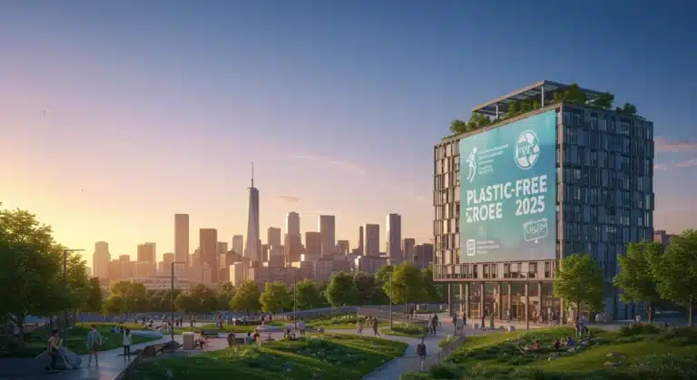 Skyline of a leading US city proudly displaying a 'Plastic-Free 2025' banner, emphasizing urban sustainability.