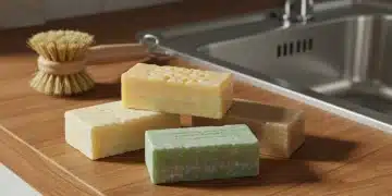 Three plastic-free dish soap bars on a wooden counter, eco-friendly cleaning