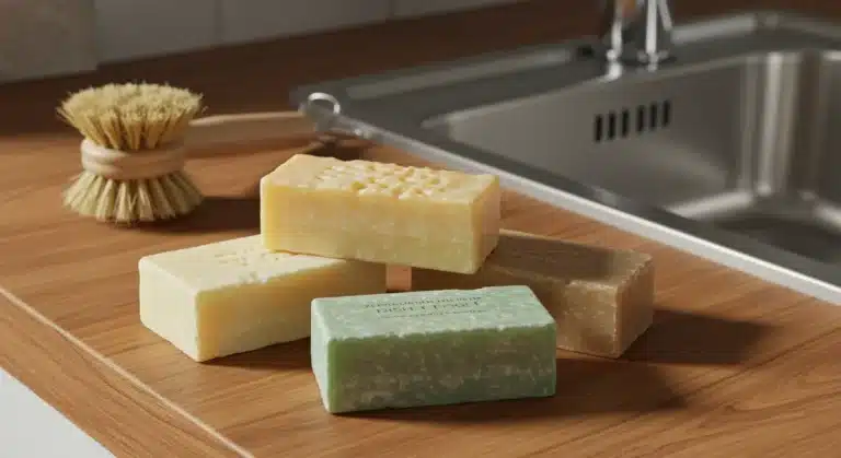 Three plastic-free dish soap bars on a wooden counter, eco-friendly cleaning
