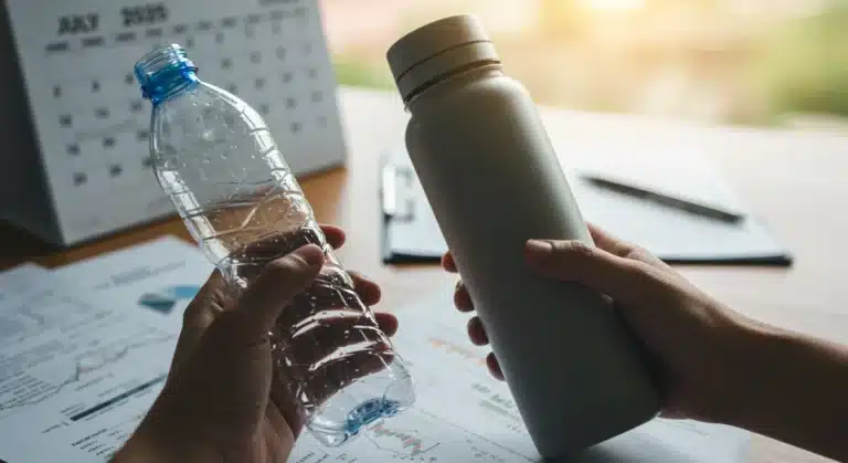 Hand holding plastic bottle and reusable bottle, symbolizing plastic reduction efforts