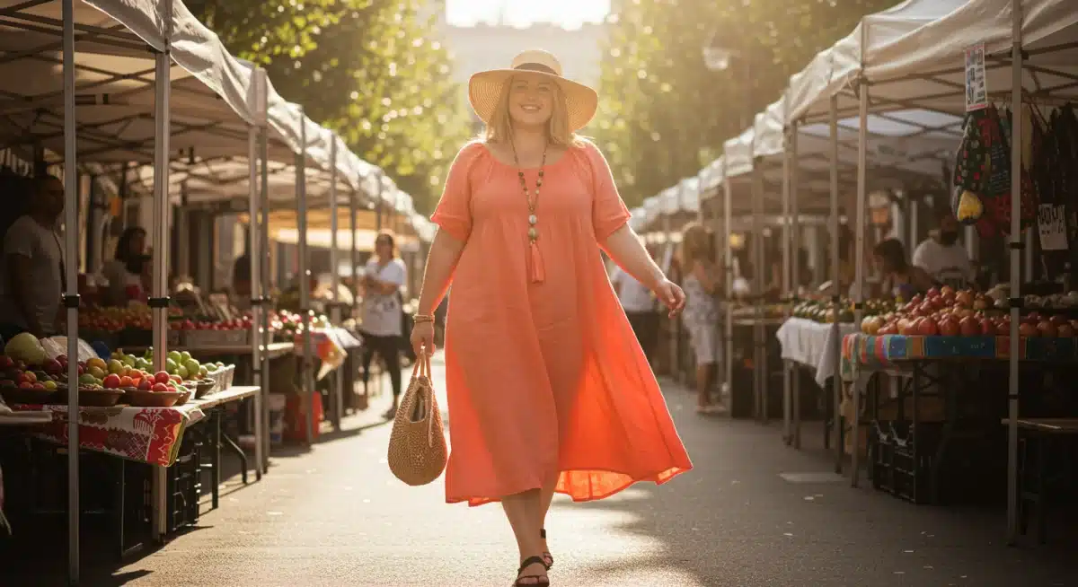 Plus-size woman in a chic, breathable linen summer dress.