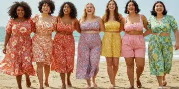 The 2025 Guide to Plus-Size Summer Fashion: Style & Comfort Plus-size women in stylish, comfortable summer outfits on a beach, celebrating body positivity.