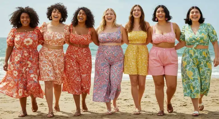 Plus-size women in stylish, comfortable summer outfits on a beach, celebrating body positivity.