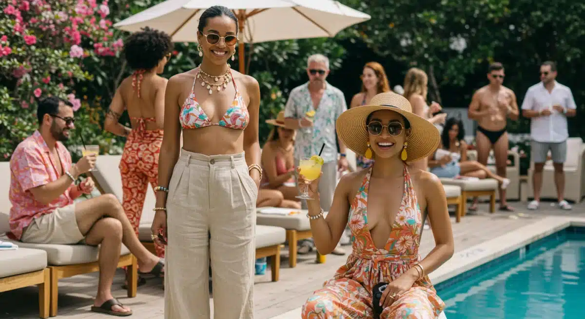 Fashionable people enjoying a poolside party in adapted swimwear
