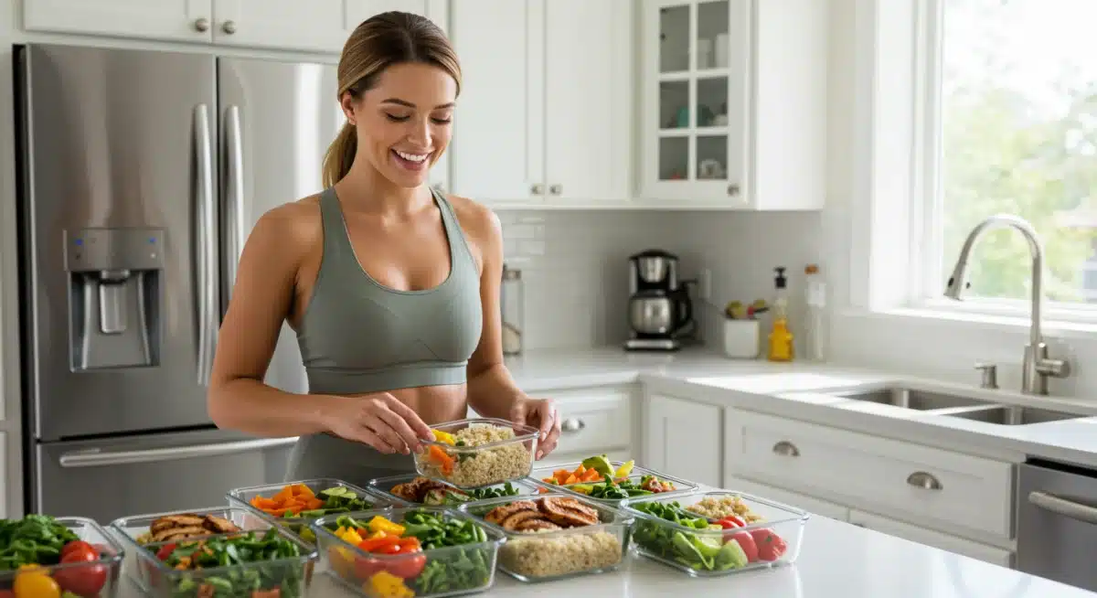 Person portioning healthy batch-cooked meals into containers