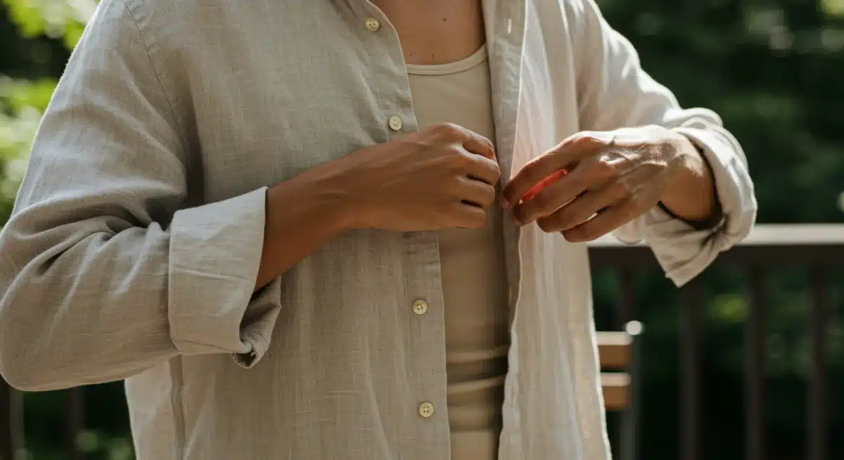 Woman demonstrating practical summer layering with a linen shirt