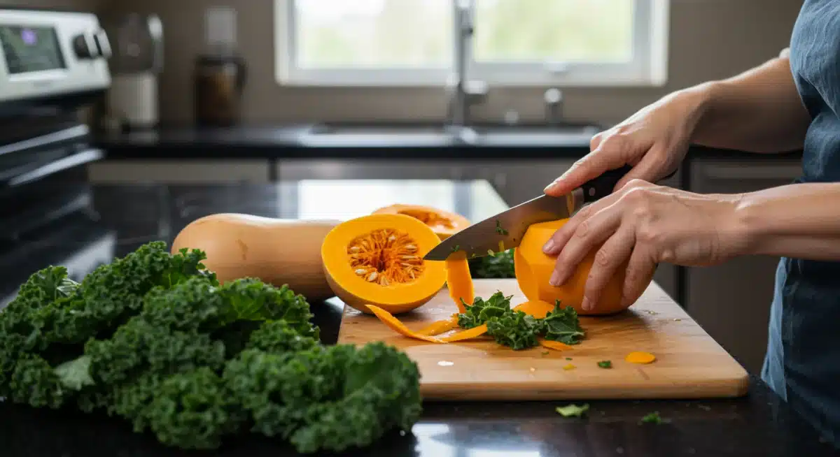 Hands preparing fresh butternut squash and kale for a healthy fall meal.