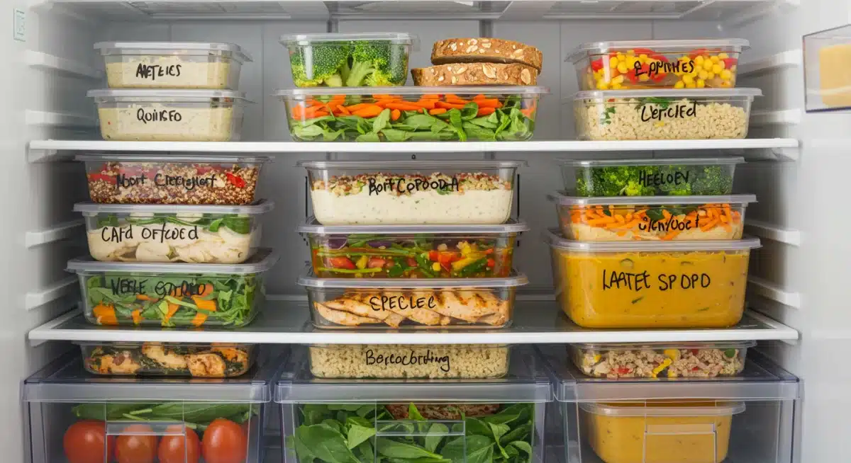 Various healthy pre-portioned meals in refrigerator