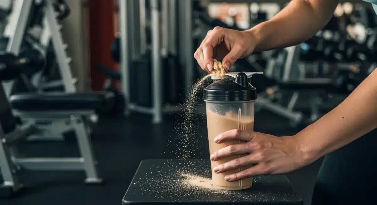 Person mixing protein powder in a shaker bottle at a gym.