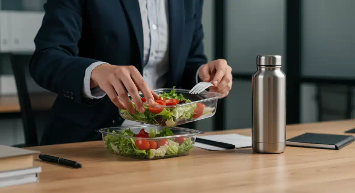 Busy professional preparing a quick, healthy desk lunch