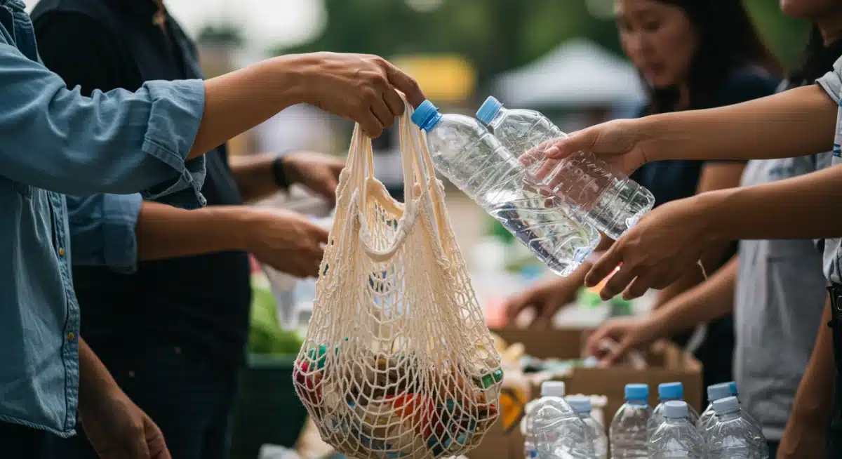 Hands exchanging reusable bags and bottles, demonstrating plastic-free alternatives.