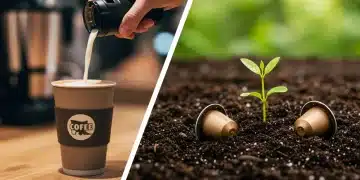 Reusable vs. Compostable: Best Plastic-Free Coffee Habit 2025 Reusable coffee cup being filled and compostable coffee pods breaking down in soil, symbolizing plastic-free choices.