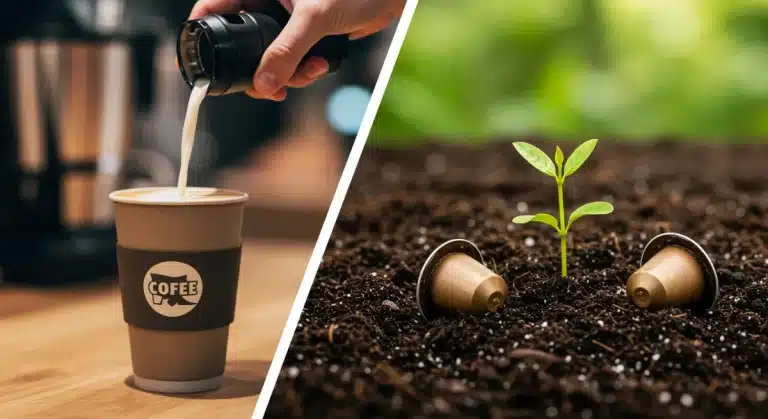 Reusable coffee cup being filled and compostable coffee pods breaking down in soil, symbolizing plastic-free choices.