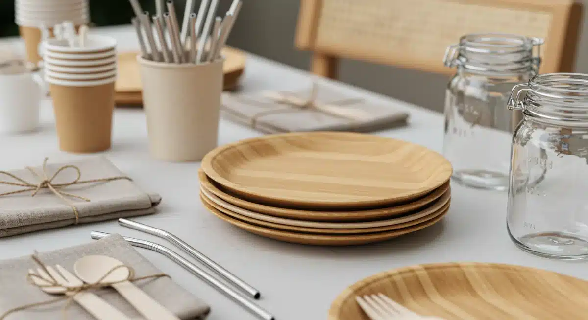 Assortment of reusable bamboo plates, metal straws, and cloth napkins for zero-waste parties.