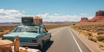 2025 Travel Shift: 8 Must-Have Plastic-Free Essentials for US Road Trips Scenic road trip with vintage car, eco-friendly cooler, and reusable travel essentials.