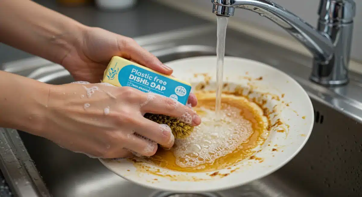 Hand scrubbing greasy plate with plastic-free dish soap bar