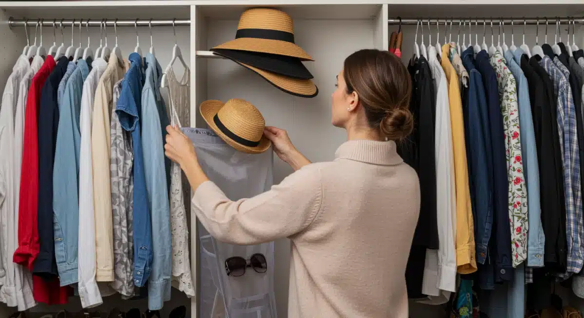 Organized closet showing spring and summer wardrobe separation and storage