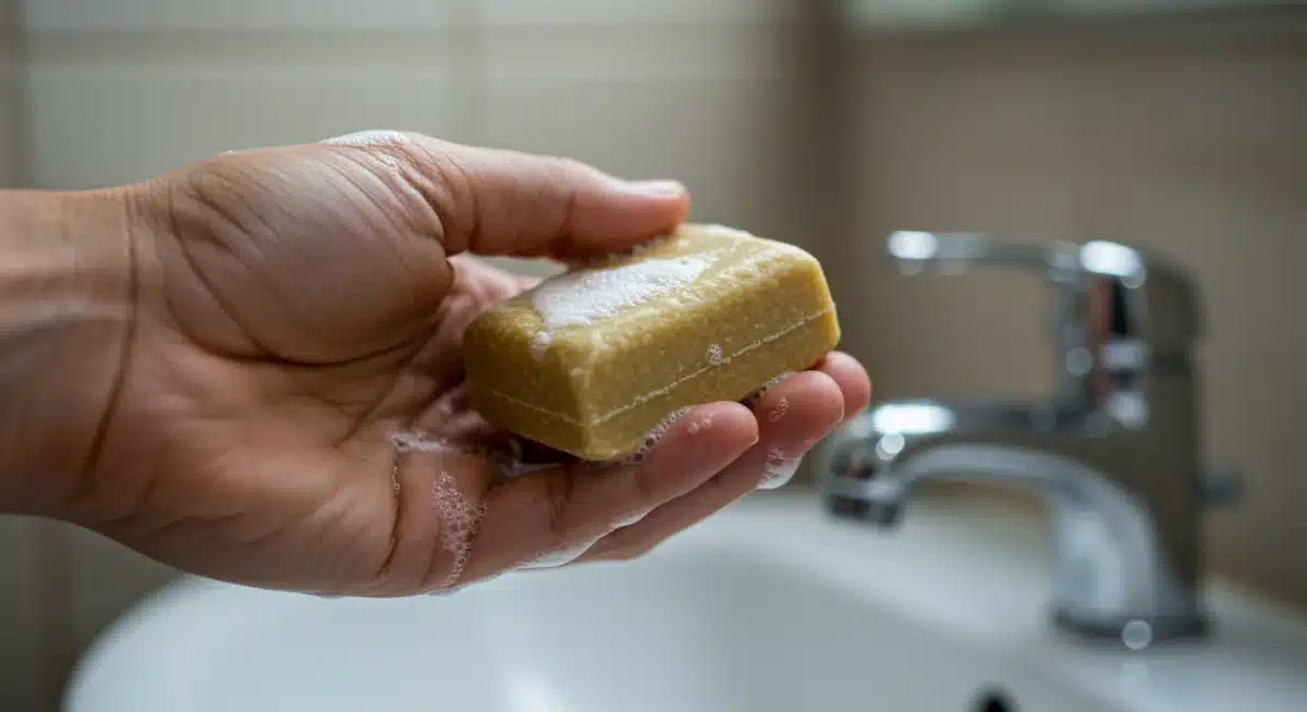 Person using a solid shampoo bar in a bathroom