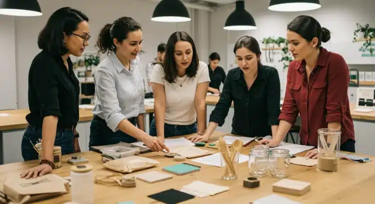 Small business owners collaborating on plastic-free packaging solutions for 2025 operations