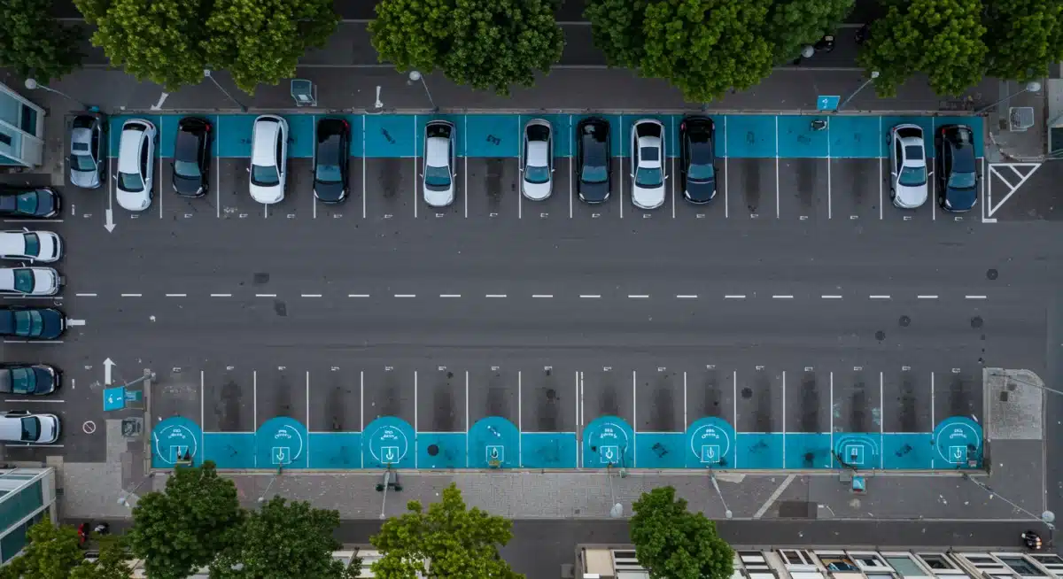 Aerial view of smart city parking with inductive EV charging pads