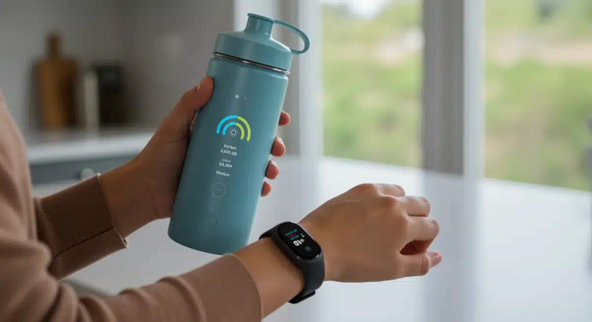 Person checking hydration levels on a fitness tracker with a smart water bottle.