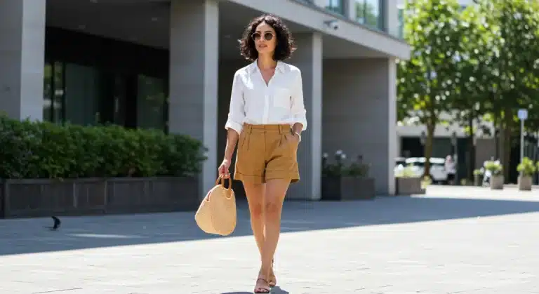 Woman in versatile white shirt and tailored shorts for smart summer dressing 2025